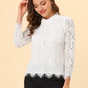 Women's Lace Top Long Sleeve Ruffle Neck Floral Blouse