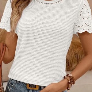 Womens Frenchy Summer Tops Crewneck Short Sleeve T Shirts Casual Waffle Knit Jacquard Blouses Top Shirts