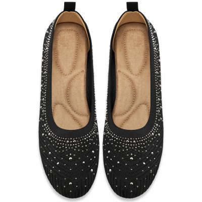 Ballets Flats for Women Dressy: Comfortable Soft Knit Work Flats Glitter Rhinestone Round Toe Casual Shoes for Office Wedding
