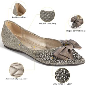 Women's Flats Shoes Rhinestone Pointed Toe Comfort Dressy Flat Silver Bowknot Casual Ballet Shoes