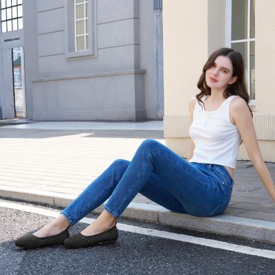 Ballets Flats for Women Dressy: Comfortable Soft Knit Work Flats Glitter Rhinestone Round Toe Casual Shoes for Office Wedding
