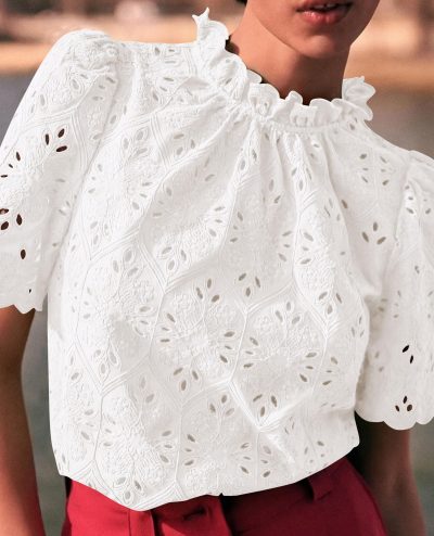 Summer Tops for Women 2025 Trendy Short Sleeve Eyelet Embroidered Dressy Casual Blouse Shirts