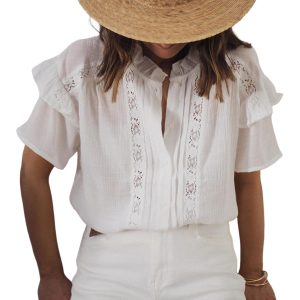 Women's Summer Blouse Short Sleeve Button Down Shirt Lace Trim Ruffles Round Neck Casual Work Top