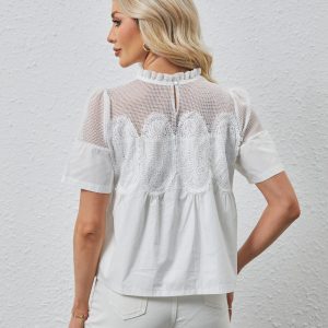 Women Lace Poplin Flared Blouse Mesh Sheer Swing Babydoll Tops Elegant Short Sleeve Crewneck Eyelet Embroidered Shirts