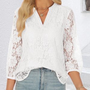 Lace Tops for Women 3/4 Sleeve Dressy Casual Blouses 2025 Boho Floral Top Office Work Shirts