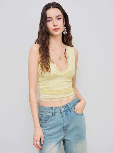 Lace Crop Tank Tops for Women Summer V Neck Sleeveless Going Out Tops Ruched Sexy Tee Trendy T Shirts Casual