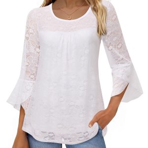 Women's Ruffle 3/4 Sleeve Elegant Dressy Blouses Crew Neck Double Layers Mesh Tunic Tops