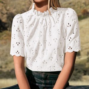 Summer Tops for Women 2025 Trendy Short Sleeve Eyelet Embroidered Dressy Casual Blouse Shirts
