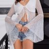 81GbPcbcGWL.jpg Women's Lace Tops Tie Front Bell Long Sleeve Sheer Blouse Crop Tops