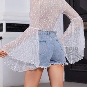 Women's Lace Tops Tie Front Bell Long Sleeve Sheer Blouse Crop Tops