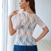 81KQH8wkEzL.jpg Mesh Top for Women Short Sleeve Crew Neck Fitted Top Solid & Floral Lace Tee Shirts