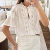 81Ka0oUOvL.jpg Women's Summer Blouse Short Sleeve Button Down Shirt Lace Trim Ruffles Round Neck Casual Work Top
