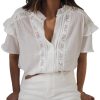 81NF642iEKL.jpg Women's Summer Blouse Short Sleeve Button Down Shirt Lace Trim Ruffles Round Neck Casual Work Top