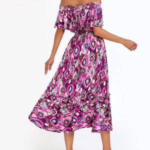 Women's 2025 Spring Summer Boho Off Shoulder Midi Dress Floral Short Sleeve A Line Casual Beach Vacation Dresses