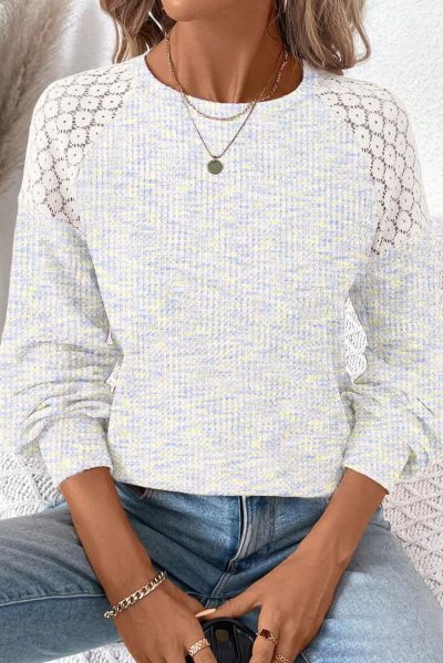 Fall Tops for Women Casual Crew Neck Waffle Knit Lace Raglan Long Sleeve Shirts Loose Fit Blouses Top