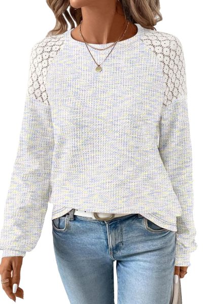 Fall Tops for Women Casual Crew Neck Waffle Knit Lace Raglan Long Sleeve Shirts Loose Fit Blouses Top