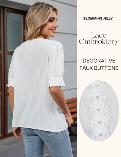 Womens Dressy Casual Blouse Short Puff Sleeve V Neck Lace Tops Summer Trendy Cute Ladies Business Work Shirt