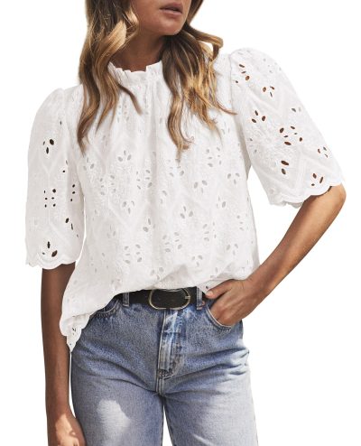 Summer Tops for Women 2025 Trendy Short Sleeve Eyelet Embroidered Dressy Casual Blouse Shirts