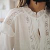 81QSeB1MXfL.jpg Women's Summer Blouse Short Sleeve Button Down Shirt Lace Trim Ruffles Round Neck Casual Work Top