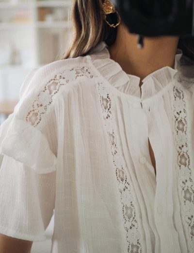 81QSeB1MXfL.jpg Women's Summer Blouse Short Sleeve Button Down Shirt Lace Trim Ruffles Round Neck Casual Work Top