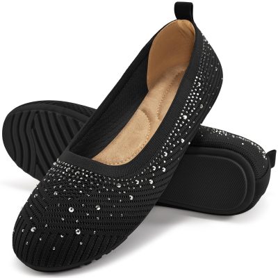 Ballets Flats for Women Dressy: Comfortable Soft Knit Work Flats Glitter Rhinestone Round Toe Casual Shoes for Office Wedding