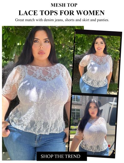 81RPaLrorRL.jpg Mesh Top for Women Short Sleeve Crew Neck Fitted Top Solid & Floral Lace Tee Shirts