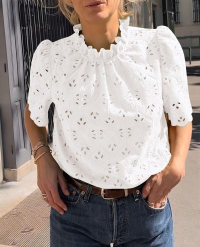 Summer Tops for Women 2025 Trendy Short Sleeve Eyelet Embroidered Dressy Casual Blouse Shirts