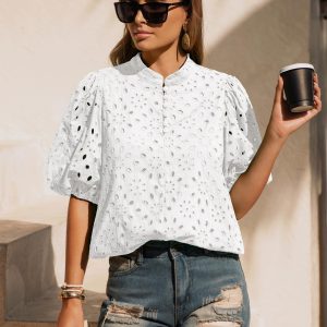 Womens Eyelet Summer Tops Lantern Short Sleeve Button V Neck Dressy Casual Blouses Hollow Out Embroidered Lace Shirts