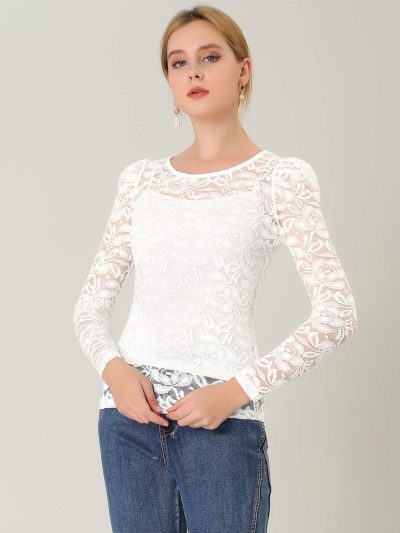 Women's Long Sleeve Lace Top Mesh Sheer Fitted Elegant Blouse