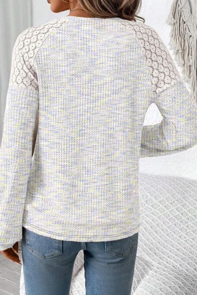 Fall Tops for Women Casual Crew Neck Waffle Knit Lace Raglan Long Sleeve Shirts Loose Fit Blouses Top