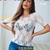 81fTv5E7BsL.jpg Mesh Top for Women Short Sleeve Crew Neck Fitted Top Solid & Floral Lace Tee Shirts