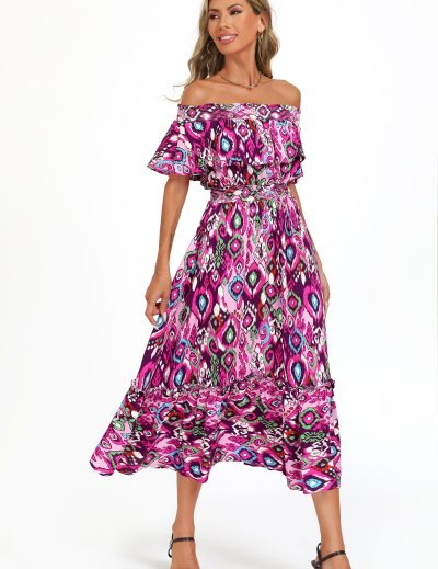 Women's 2025 Spring Summer Boho Off Shoulder Midi Dress Floral Short Sleeve A Line Casual Beach Vacation Dresses