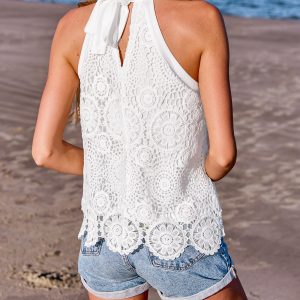 Women's Tank Tops Hollow Out Lace Boho Blouse Eyelet Embroidery Sleeveless Tops Shirts