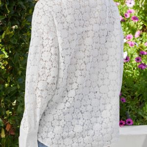 Womens Lace Shirts Dressy Button Down Shirts Embroidered Blouses Cotton Eyelet Long Sleeve Collared Tops