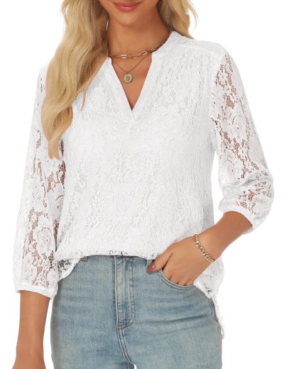 Lace Tops for Women 3/4 Sleeve Dressy Casual Blouses 2025 Boho Floral Top Office Work Shirts