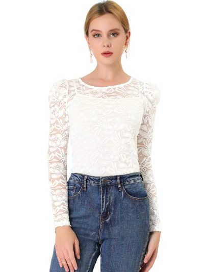 Women's Long Sleeve Lace Top Mesh Sheer Fitted Elegant Blouse