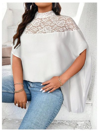 Women's Plus Size Contrast Lace Oversized Dolman Sleeve Mock Neck Tunic Tops