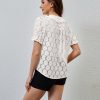 81lpOUR20JL.jpg Women Puff Short Sleeve Blouse Shirts Peter Pan Collar Button Down Embroidered Lace See Through Tee Tunic Tops