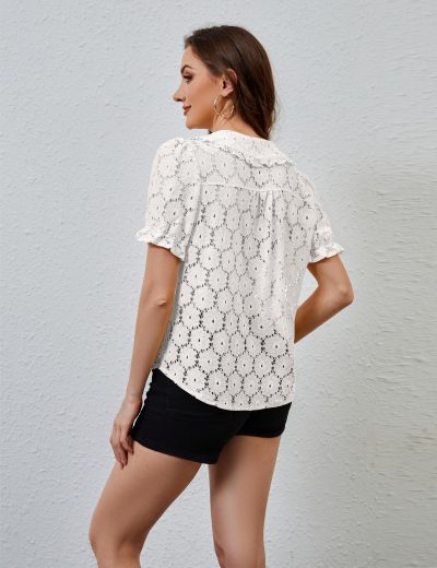 81lpOUR20JL.jpg Women Puff Short Sleeve Blouse Shirts Peter Pan Collar Button Down Embroidered Lace See Through Tee Tunic Tops