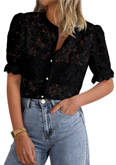 Womens 2025 Spring Lace Tops Short Puff Sleeve Casual Dressy Blouses Eyelet Crew Neck Button Down Shirts