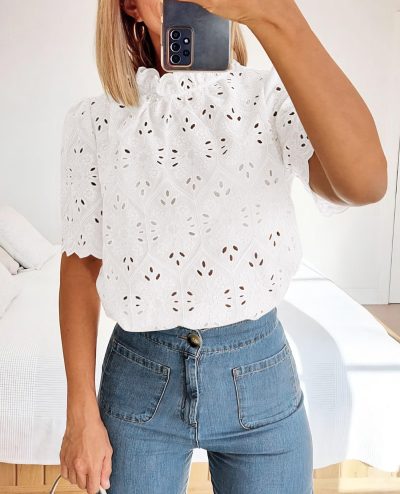 Summer Tops for Women 2025 Trendy Short Sleeve Eyelet Embroidered Dressy Casual Blouse Shirts