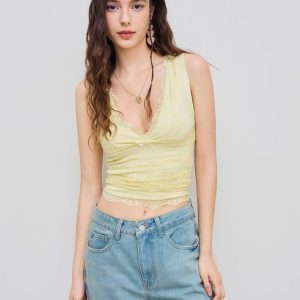 Lace Crop Tank Tops for Women Summer V Neck Sleeveless Going Out Tops Ruched Sexy Tee Trendy T Shirts Casual