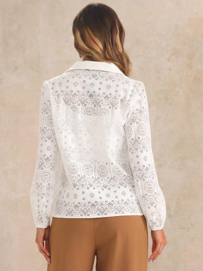 81oFCTCYfmL.jpg Women's Elegant Eyelet Top Casual Work Long Sleeve Hallow Out Lace Sheer Button Down Shirt