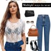 81pOnKSYmRL.jpg Mesh Top for Women Short Sleeve Crew Neck Fitted Top Solid & Floral Lace Tee Shirts