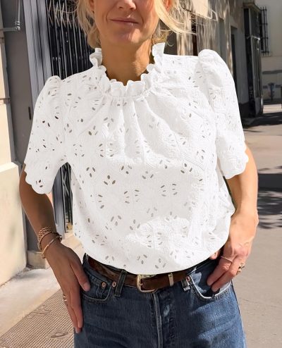Summer Tops for Women 2025 Trendy Short Sleeve Eyelet Embroidered Dressy Casual Blouse Shirts