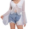 81toJPic7KL.jpg Women's Lace Tops Tie Front Bell Long Sleeve Sheer Blouse Crop Tops