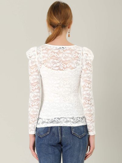 Women's Long Sleeve Lace Top Mesh Sheer Fitted Elegant Blouse