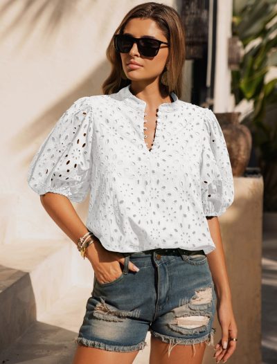 Womens Eyelet Summer Tops Lantern Short Sleeve Button V Neck Dressy Casual Blouses Hollow Out Embroidered Lace Shirts