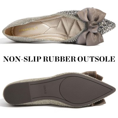 Women's Flats Shoes Rhinestone Pointed Toe Comfort Dressy Flat Silver Bowknot Casual Ballet Shoes
