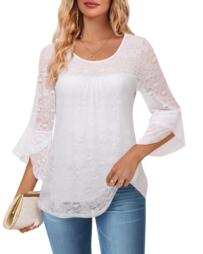 Women's Ruffle 3/4 Sleeve Elegant Dressy Blouses Crew Neck Double Layers Mesh Tunic Tops